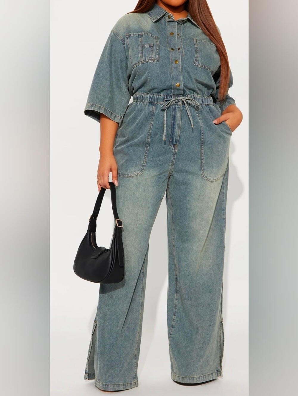 Fashion Nova Light Blue High-Waist Drawstring Wide Leg Jean Jumpsuit